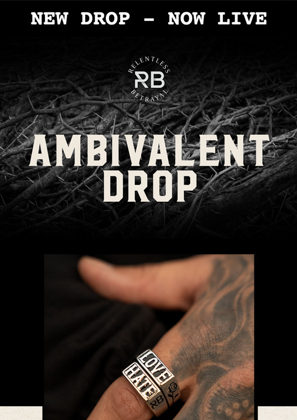 email design for Ambivalent Drop showing a person with a ring with text on it saying "Love Hate"