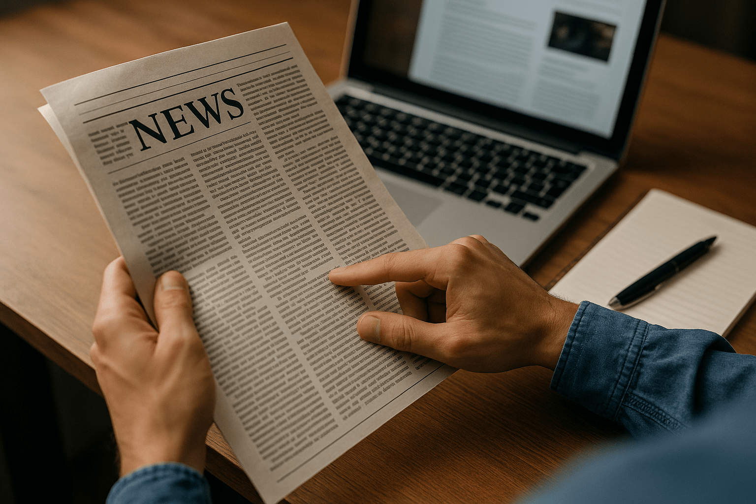 An image of a person's hands holding and skimming a newspaper article with an opened laptop near them